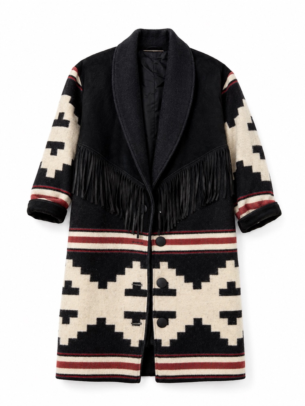 Vintage Branded Santa Fe Wool Southwestern Blanket Duster Coat Black Suede M